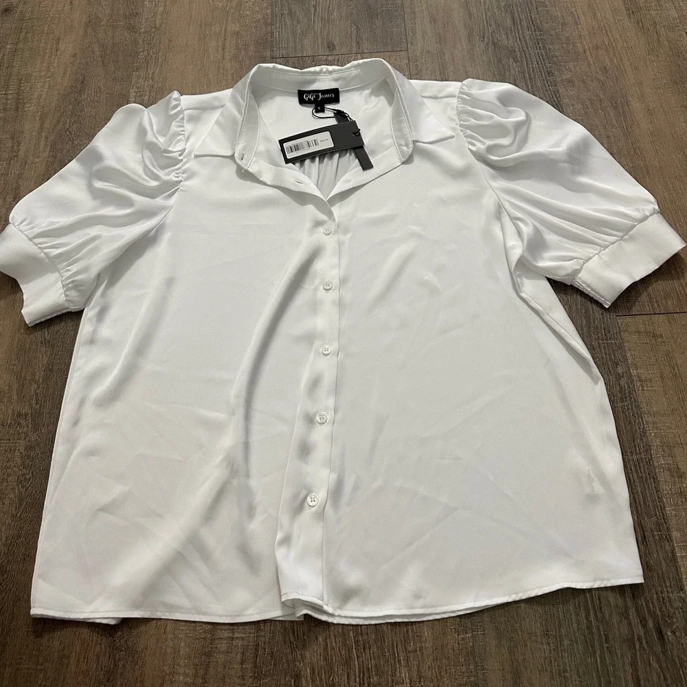 GiGi James Satin Puff Sleeve Button Down Subtle Sheen Blouse Large NWT $345 - Picture 3 of 6